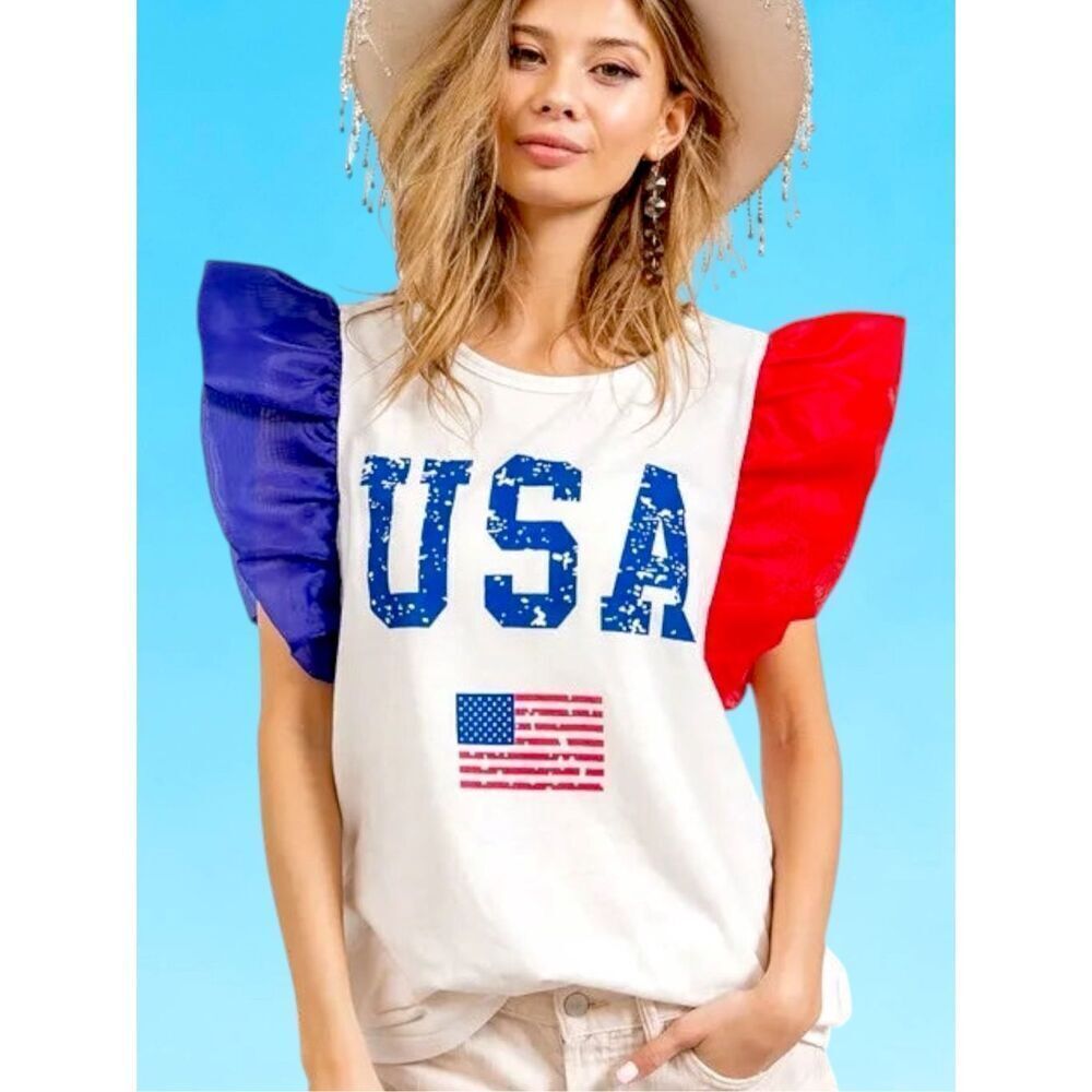 BiBi USA Patriotic Color Block Organza Ruffle Sleeve Top 4th of July Americana
